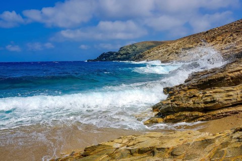 Mykonos, Cyclades, Greece - Fokos Beach, small settlement with sandy beach in the north of the