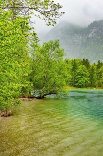 Landscape of Lake Offensee on a rainy day in spring, Salzkammergut, Austria
