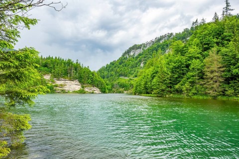 Landscape of Lake Elisabethsee on a rainy day in spring, Austria