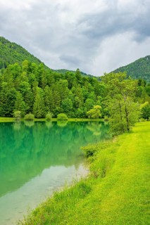 Landscape of Lake Elisabethsee on a rainy day in spring, Austria