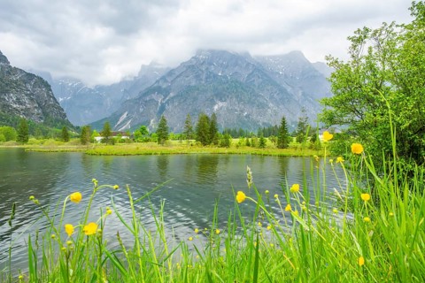 Landscape of Lake Almsee on a rainy day in spring, Salzkammergut, Austria