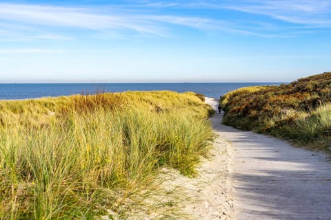 East beach of the East Frisian island of Spiekeroog, beach access through the dunes of Lower