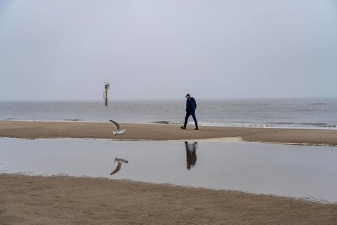 East beach of the East Frisian island of Spiekeroog, beach walk, man alone on the beach, at low