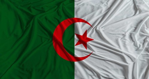 Algerian flag with fabric texture background. National flag of Algeria with cloth texture