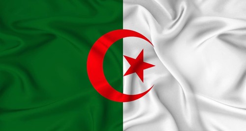 Realistic Algerian flag waving. Close up of flag of Algeria with cloth texture