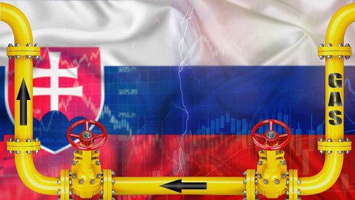 Gas exports from Russia to Slovakia on financial chart background. Russian gas export pipeline to