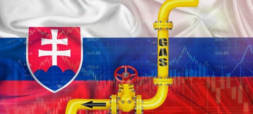 Gas pipeline with Russian and Slovak flag. Production and export of Russian gas to Slovakia