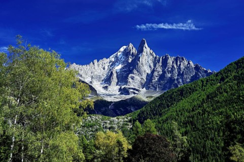 From left, snow-covered Aiguille Verte, Aiguille du Dru, Chamonix-Mont-Blanc, Haute-Savoie, France
