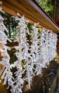 Omikuji papers hung on a wire, Shinto Shrine, Hakone Shrine, Hakone, Japan