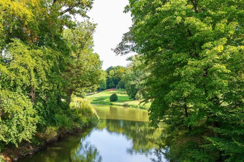 Neisse River in Muskauer Park, UNESCO World Heritage Site, Bad Muskau, Upper Lusatia, Saxony,
