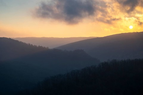 Sunrise, sun rising over hills, Thayatal National Park, Lower Austria, Austria