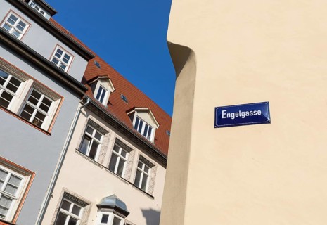 Engelgasse road sign in the old town of Naumburg (Saale), Saxony-Anhalt, Germany