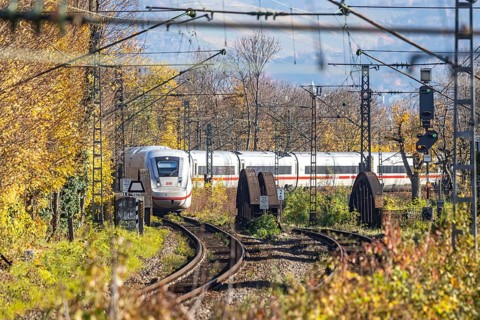 Intercity Express ICE. Open-route passenger train in the Stuttgart North Station area. Arched