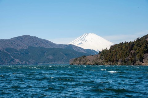 View of Lake Ashi with Mount Fuji volcano, Hakone, Japan