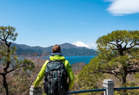 Tourist enjoying the view, Benten-no-hana Tenbodai viewpoint, Hakone Park, view of Lake Ashi with