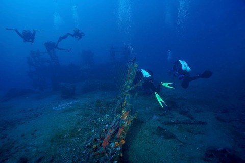 Divers explore a wreck covered with sea sponges on the ocean floor in deep blue water in the