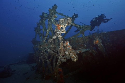 Diver near a shipwreck covered by sea sponges, in dark blue water in the Mediterranean near Hyères,