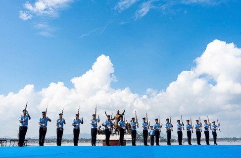 Indian Air Force personnel performs a bayonet drill demonstration on the bank of Brahmaputra river,