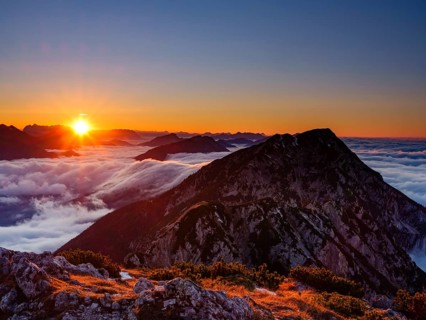 Alpine panorama at sunset, fog in the valley, Hochstaufen, Chiemgau Alps, Upper Bavaria, Bavaria,