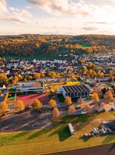 Landscape with village and school surrounded by autumn trees, Aidlingen, Böblingen district,