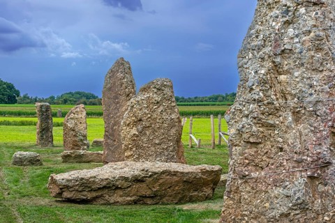 Menhirs, standing stones of conglomerate at Champ de la Longue Pierre in Wéris, Durbuy, province of