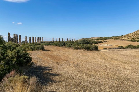 Stone columns of ancient aqueduct, Roman site of Los Banales, near Layana, Zaragoza province,