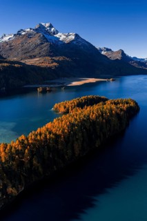 Mountain landscape, mountain lake, larch forest, autumn, autumn color, morning light, sunny, aerial