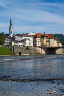 Old town with church of St. Mariä Himmelfahrt, river Isar, Bad Tölz, Upper Bavaria, Bavaria,
