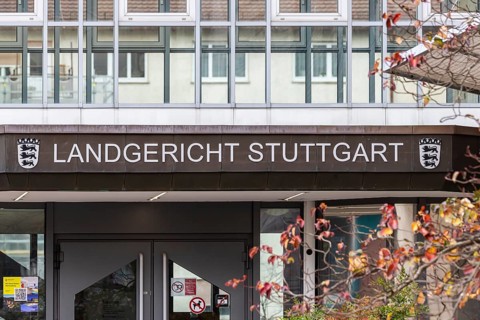 Stuttgart Regional Court. Lettering on the courthouse. Stuttgart, Baden-Württemberg, Germany