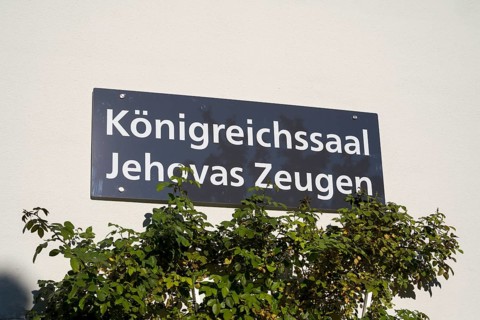 Façade with sign, Kingdom Hall, Jehovah's Witnesses, Bad Tölz, Upper Bavaria, Bavaria, Germany