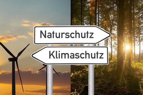 (Photo montage) Directional arrows in front of a picture with wind turbines and a picture with a