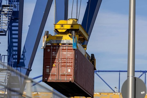 Container handling in the port of Mannheim. The port of Mannheim is one of the largest inland ports