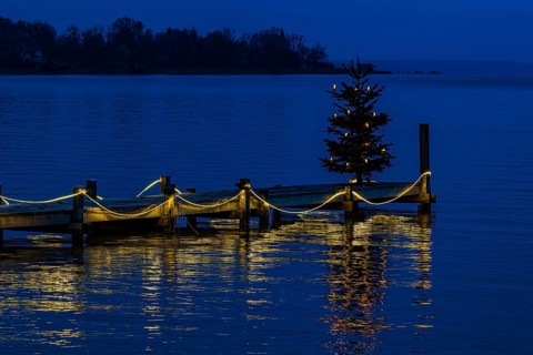Illuminated Christmas tree at dawn, on an illuminated boat dock, Dießen am Lake Ammer, Upper