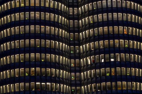 Illuminated offices at BMW headquarters, BMW four-cylinder, Petuelring, Munich, Upper Bavaria,
