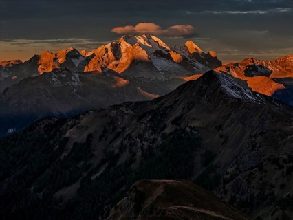 Mountain landscape, morning light, cloud atmosphere, autumn, aerial view, Giau Pass, view of