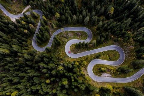 Curvy road, serpentines, pass road, forest, aerial view, car, red, Giau Pass, Dolomites, Italy