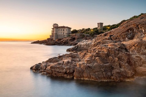 Castello del Boccale in the evening, castle on the coast, Livorno, Tuscany, Italy