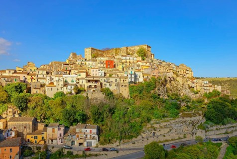 Low angle view of Ragusa Ibla historic town, Ragusa Ibla, Ragusa province, Sicily, Italy