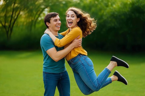 A young man happily lifts up a young woman laughing, symbolic picture couple, in love, feeling,