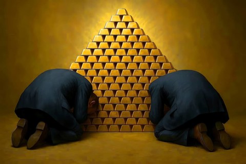 Two men worship a pile of gold bars and bow down, symbolizing gold, wealth, power, greed, luxury,