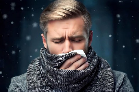 A man with severe cold, symbol cold, sick, illness, cough, fever, health, health care, flu, flu
