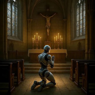 A humanoid robot kneels in a church and prays, symbol image android, technology, robotics, feeling,