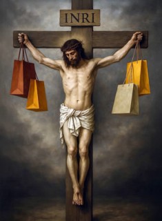 Jesus Christ is nailed to the cross and holds shopping bags in his hands, symbolic image of waste,