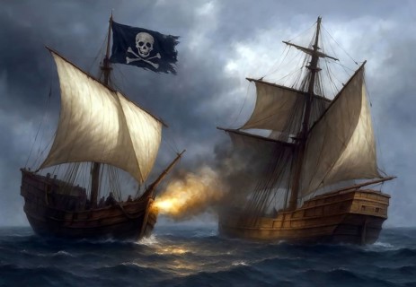 A sailing ship with the pirate flag on the mast fires from the cannons at another ship, symbolic