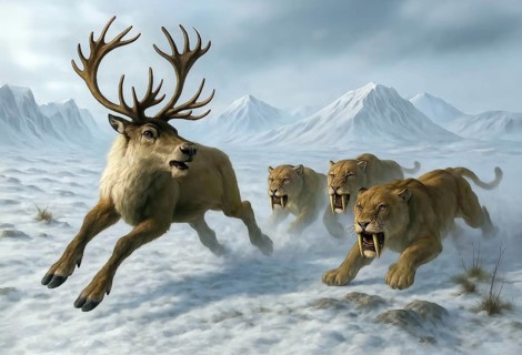 A reindeer is hunted by sabre-toothed tigers, sabre-toothed cats, smilodon (Machairodontinae) in