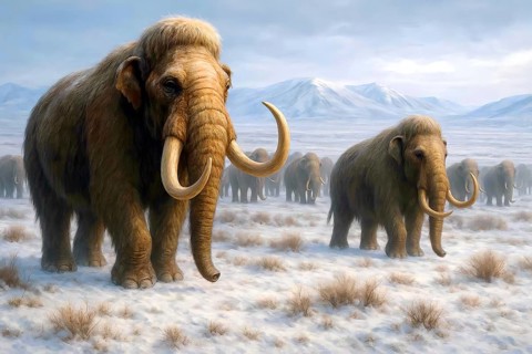 A mammoth herd (mammoth) in the glacial cold steppe, symbolic image woolly mammoth, mammoth