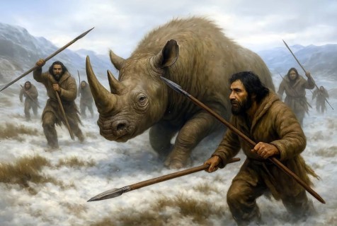 A woolly rhinoceros (Coelodonta antiquitatis) is hunted in the glacial cold steppe by prehistoric