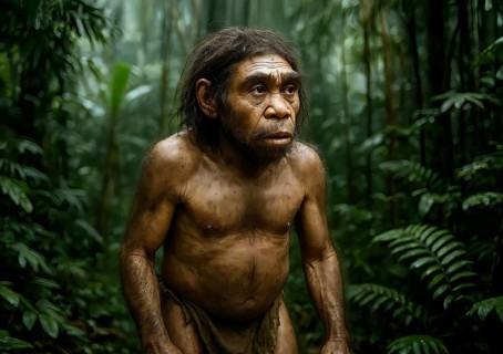 A Homo Floriensis, the human from Flores, extinct in a jungle, fossil, Indonesia, prehistoric,