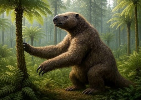 A giant sloth, a megatherium, in a prehistoric forest of ferns, symbol prehistoric, sloth, animal