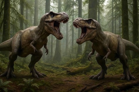 Two Tyrannosaurus rex (Theropoda) threatening turf battle in a prehistoric forest, symbol dinosaur,